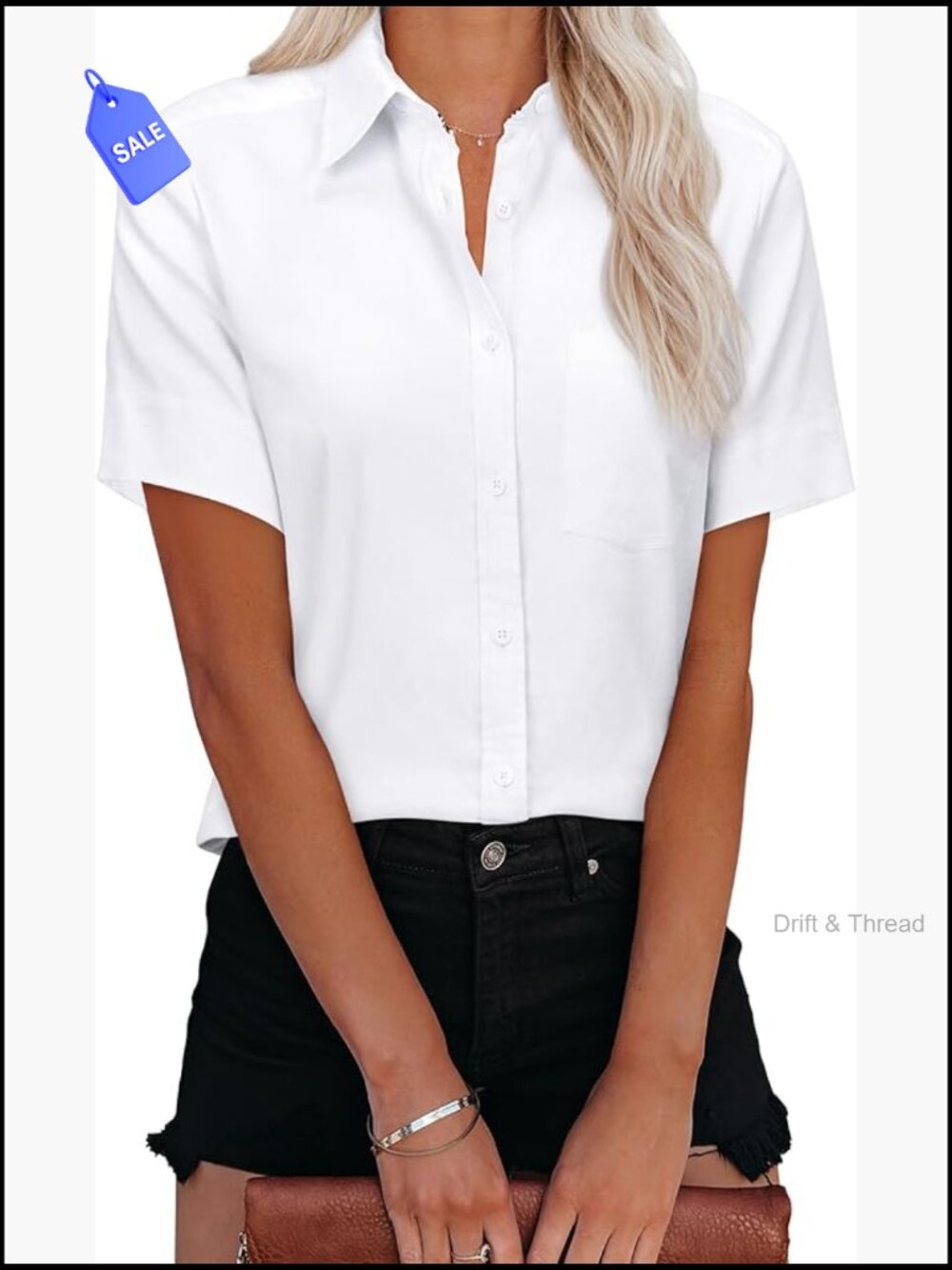 Short Sleeve Button Down Shirt with Pocket, Oxford, V-Neck, Blouse Top